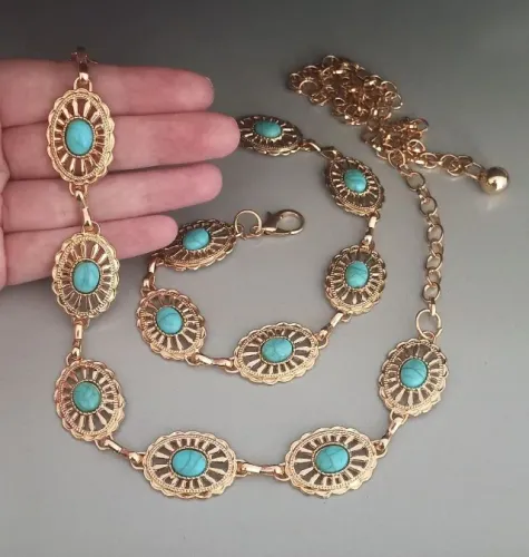 Cinto Dourado de Correntes Concho Menor Turquesa (novo)