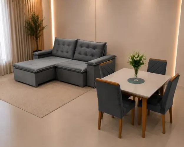 KIT SALA SOFÁ + MESA COM 4 CADEIRAS (NOVO)