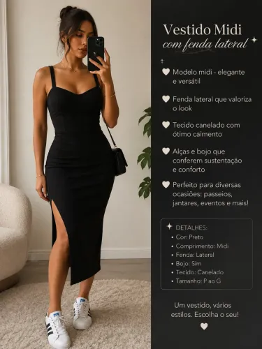 Vestido Midi Preto Canelado com Bojo e Fenda Lateral