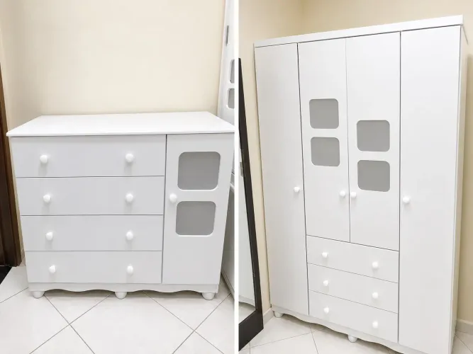Quarto de bebê com guarda roupas 4 portas e cômoda 