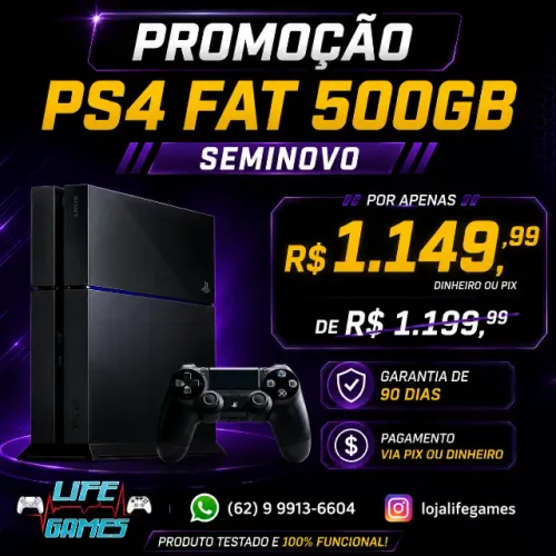 Playstation 4 Fat 500GB seminovo c/ garantia, loja física 