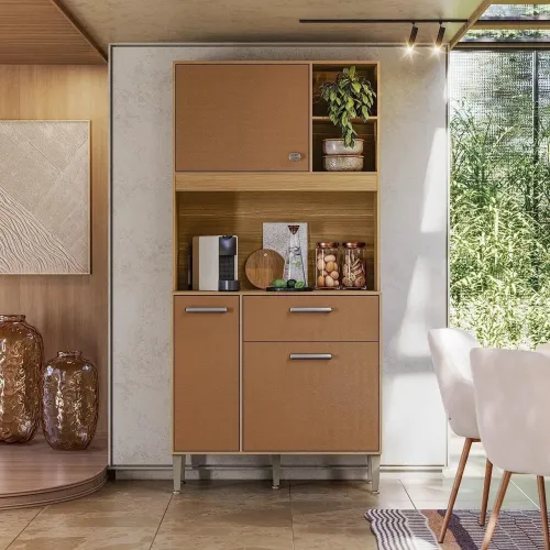 Armário de Cozinha Compacto Zen 3 Portas 1 Gaveta c/ Nicho Decorativo Freijó/Caramelo<br>