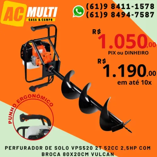 Perfurador de Solo VPS520 2T 52cc 2,5HP Com Broca 80x20cm Vulcan
