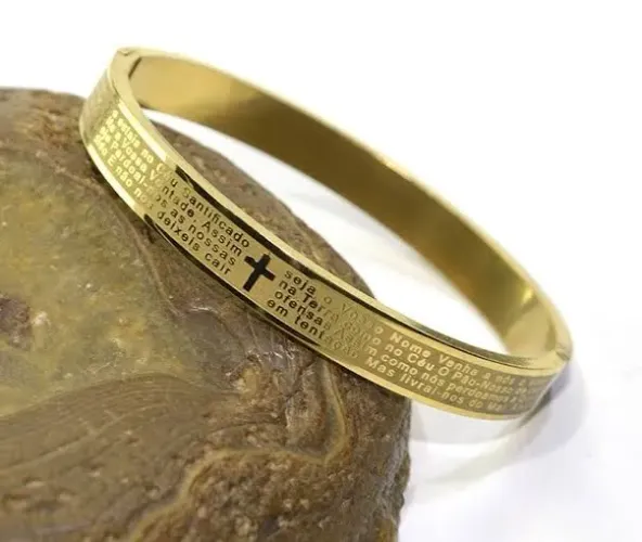 BRACELETE AÇO CIRÚRGICO 316L FRANQUIA PAI NOSSO SEMI JÓIAS