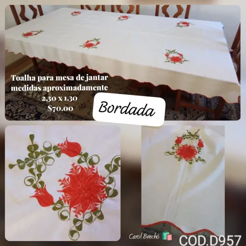 Toalha de mesa bordada à mão, 2,30 x 1,30