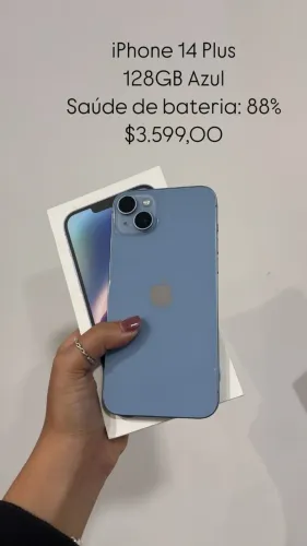 iPhone 14 PLUS/ 128GB, azul, saude de bateria:88%/ todo original e garantia/ loja fisica