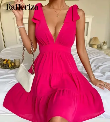 Vestido Rosa Decote V com Amarrações