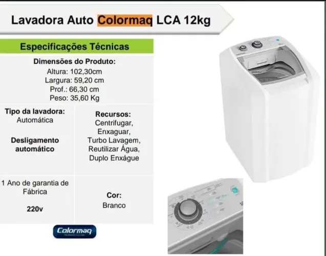 Lavadora de Roupa Automática Colormaq LCA 12kg