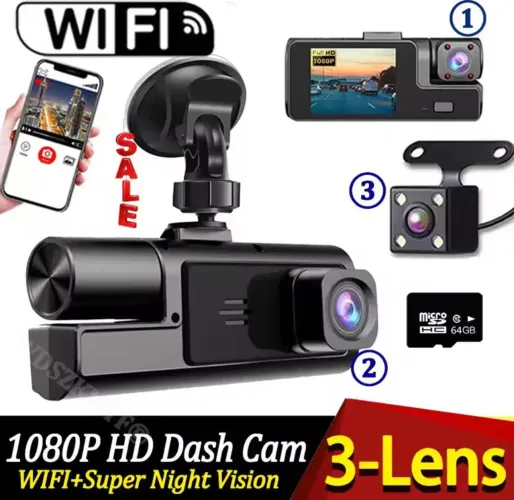 Câmera Veicular wifi 3 Lentes Dvr pra carro - tela monitor 
