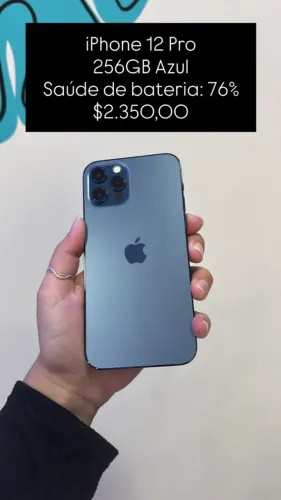 iPhone 12 Pro / 256GB / Azul / Saúde de bateria 76% / Semi novo com caixa / R$ 2.350,00
