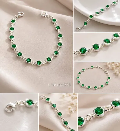 Pulseira em Prata 925 Legítima com Pedras Verdes (Estilo Esmeralda)