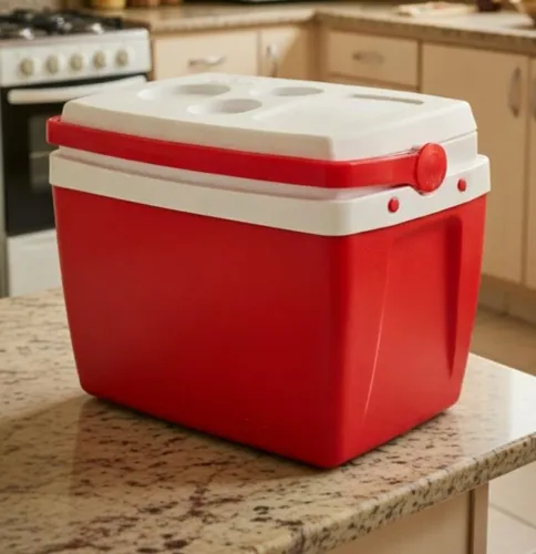 COOLER TÉRMICO 26 LITROS VERMELHO E BRANCO SEMINOVO 