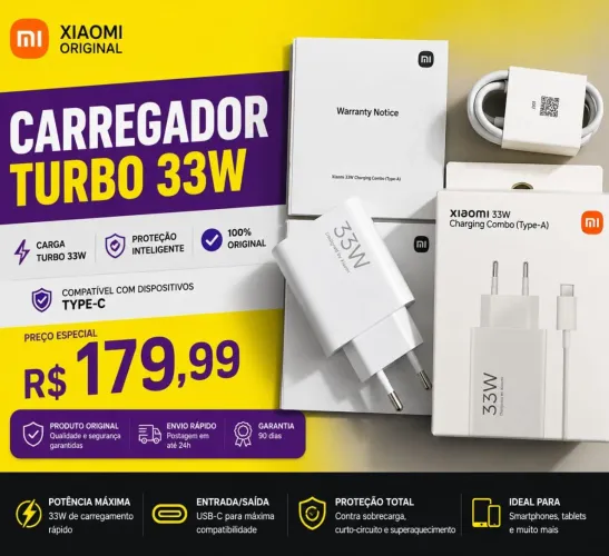 CARREGADOR TURBO XIAOMI 33W 100%ORIGINAL COM CABO E MANUAL PRONTA ENTREGa