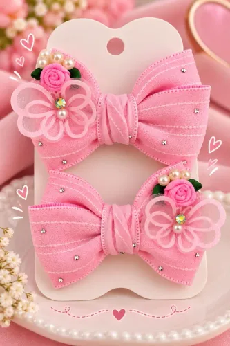 Parzinho de Laços Infantil Rosa com Borboleta e Pérolas