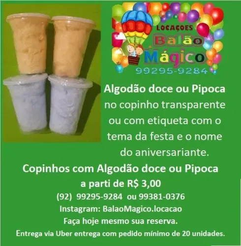 Copos personalizados com pipoca ou algodão doce 