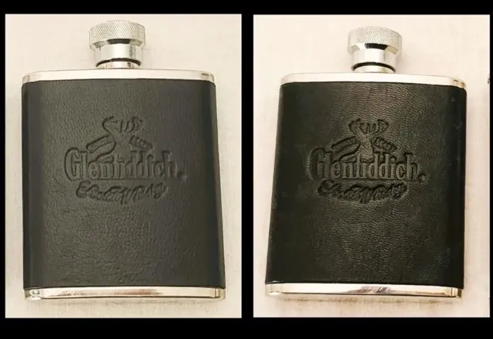 Par antigas e raras whiskeiras de bolso Glenfiddich revestimento externo em couro *