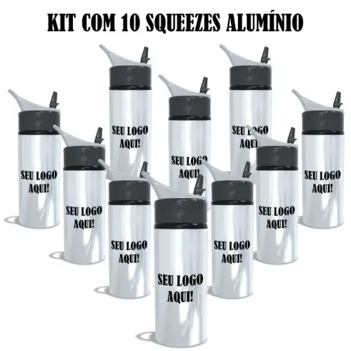 Kit 10 Garrafas Seu Logo | Squeeze Alumínio 600ml | Prata | Personalizado