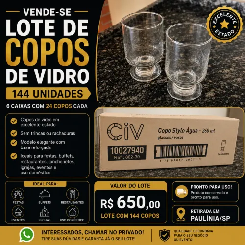 VENDE-SE LOTE DE COPOS DE VIDRO - 144 UNIDADES