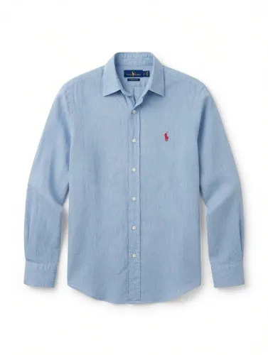 Camisa Ralph Lauren Linho Azul Claro Manga Longa - Logo Bordado