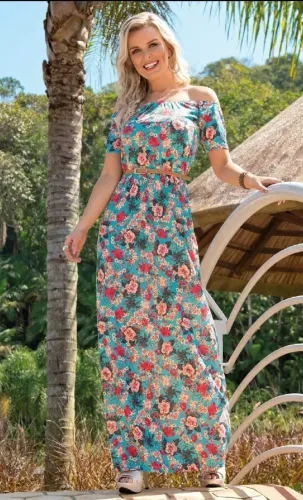 Vestido GG longo floral azul moda evangélica