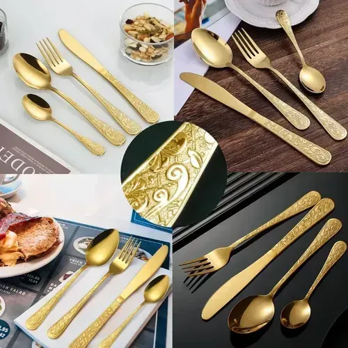 Faqueiro De Aço Inox Luxo Talheres Dourado Cabo Egipcio 24pc