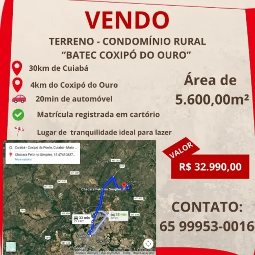 TERRENO - CONDOMÍNIO RURAL ?BATEC COXIPÓ DO OURO? - 3.600m²