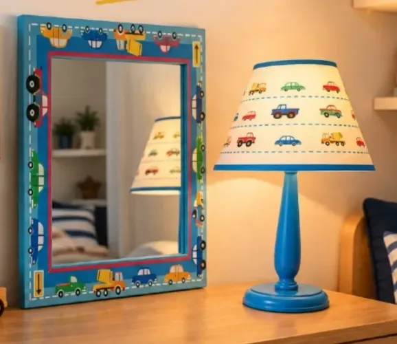 LINDO KIT AZUL QUARTO INFANTIL - ABAJUR E ESPELHO - TEMA CARRINHOS