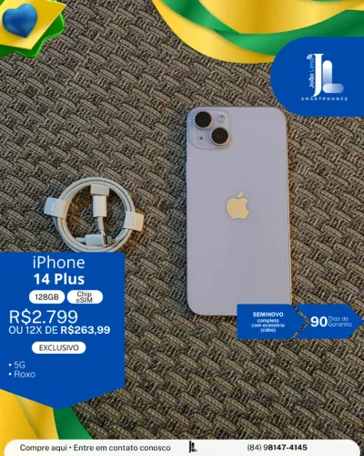 IPHONE 14 PLUS, 5G, 128GB, CHIP ESIM, ROXO, SEMINOVO , EXCLUSIVO!