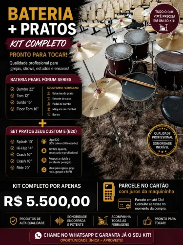 Pearl Forum Series, Kit Completo - Bateria + Pratos (Pronta para Tocar)