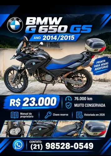 Vendo BMW G 650 GS, ano 2014/2015 na cor preta com azul.