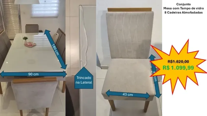 Conjunto  Mesa com Tampo de vidro 8 Cadeiras Almofadadas 