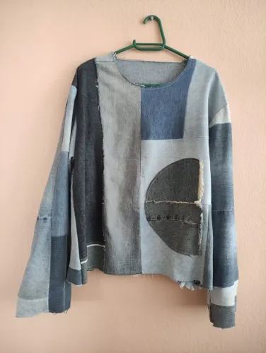 Blusa Jeans Patchwork Artesanal Unissex Tam. 44 - Peça Única Upcycling