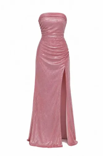 Vestido Longo de Festa Rosé com Brilho e Fenda