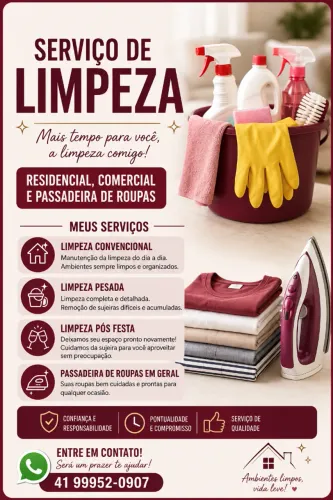 Serviços de limpeza residencial, comercial e passadeira de roupas.