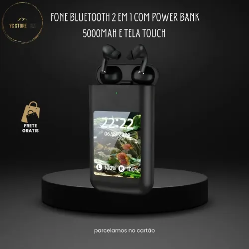 Fone Bluetooth TWS 2 em 1 com Power Bank 5000mAh e Tela Touch | ANC + ENC 