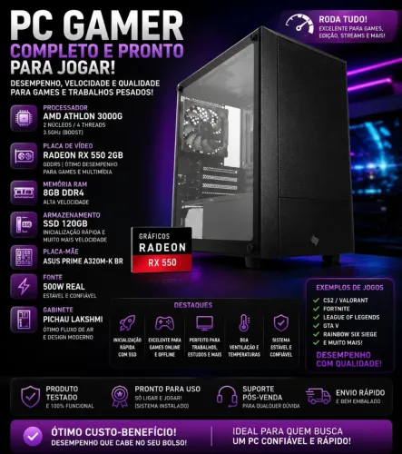PC Gamer Completo RX 550 2GB + 12GB RAM + SSD 1TB + Monitor 20"