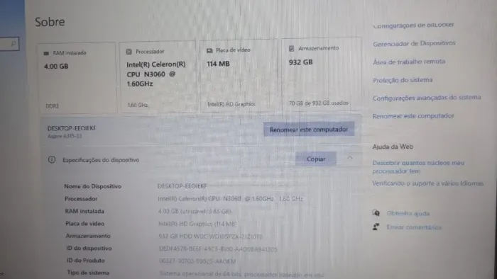 NOTEBOOCK ACER ASPIRE. 4.00 GB, HD 1TB, 1.60GHZ INTEL CELERON, BATERIA OK, NUNCA FOI REPAR