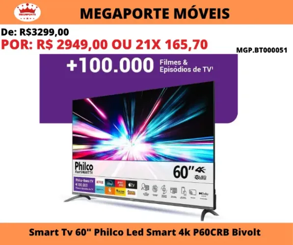 Smart Tv Philco 60 Polegadas 4K Roku Tv P60CRB Bivolt