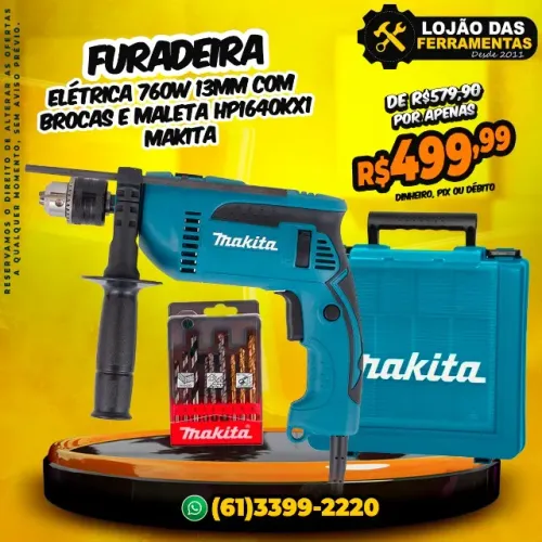 Furadeira Elétrica 760w 13mm Com Brocas e Maleta Hp1640kx1 Makita