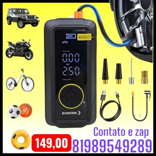 Bomba De Encher Pneu Potente Portátil Sem Fio Power Bank Preto Com Engate Rápido