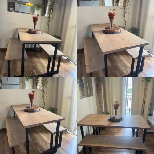 Mesa e banco de madeira estilo industrial