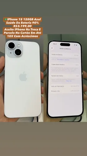iPhone 15 128GB Azul - Saúde Da Bateria 90% (Usado)