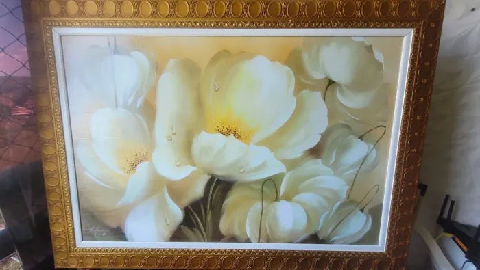 Quadro Grande Flores Brancas - Pintura a Óleo com Moldura Dourada!