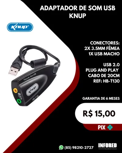 Adaptador de som USB Knup HB-T130