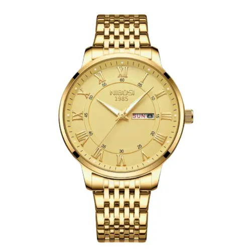 Relógio Masculino Nibosi Clássico Mostrador Dourado, Calendário e Pulseira Dourada em Aço
