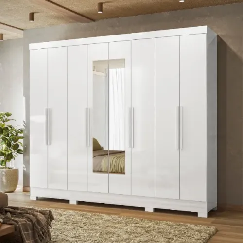 Guarda Roupa de Casal Grande e Espaçoso com 8 Portas de Giro e Espelho Diplomata - Entrega