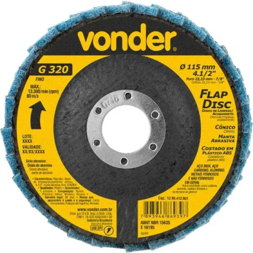Flap Disc 4.1/2 FELTRO LEVE RETO VONDE R$ 18,99 Flap Disc 4.1/2 MANTA ABRAS.FINO VONDER R