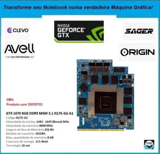 Placa De Vídeo Notebook Mxm Gtx 1070 8gb = Rtx 2060 (Defeito)