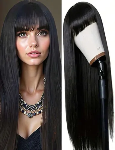 Peruca Longa Lisa com Franja - Preto
