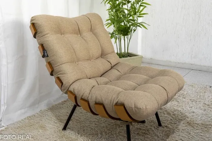 Poltrona Costela com Puff Design Moderno Linho Bege rf87